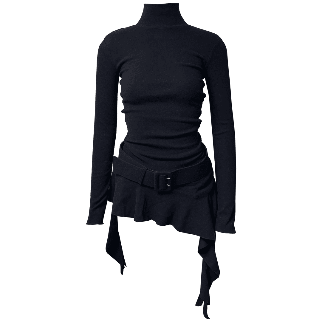 Frill Belt One-Piece Dress (Black)