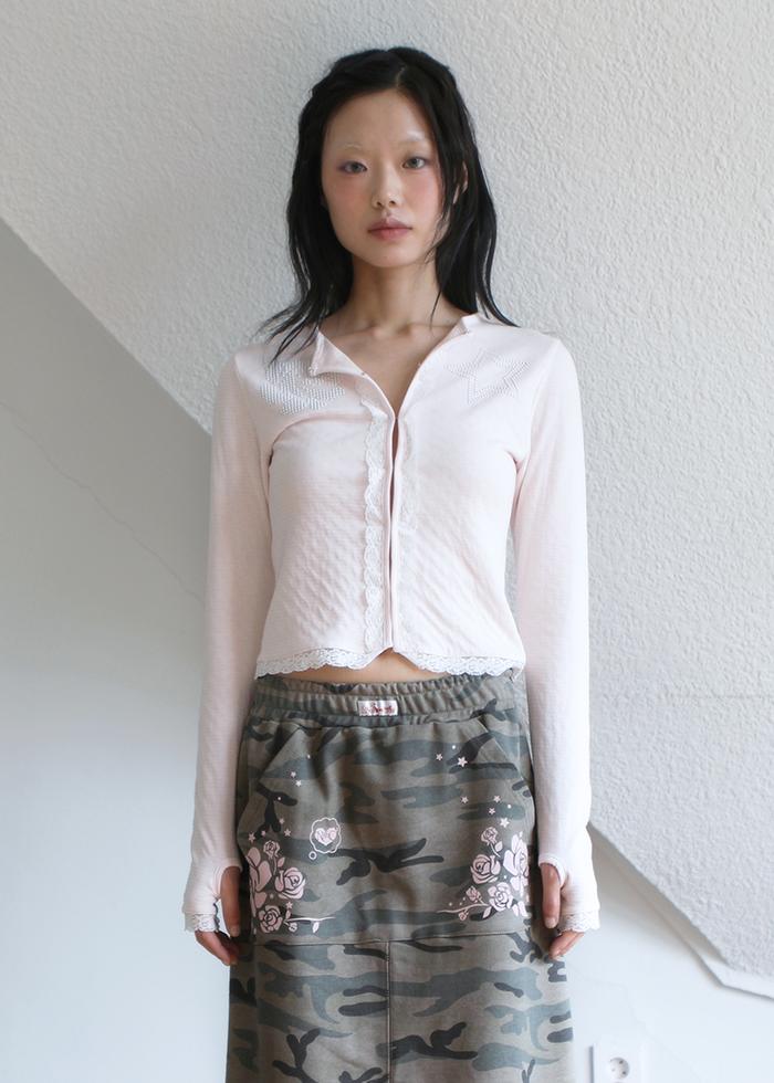 ROSE LACE TRIMMING CARDIGAN ICE PINK