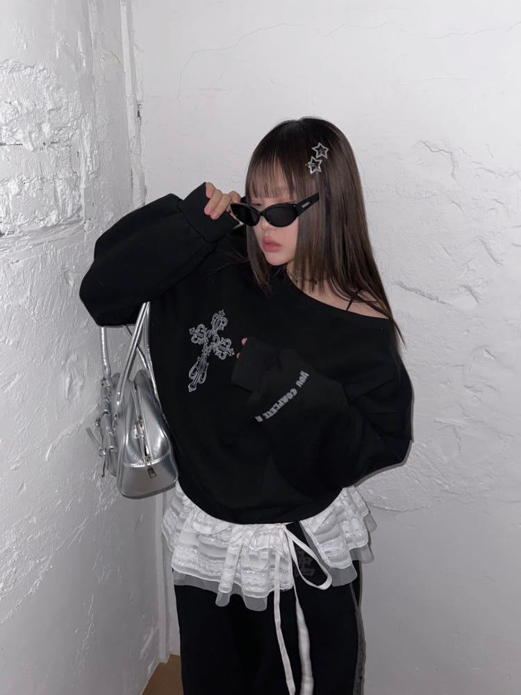 cross off-shoulder sweatshirt