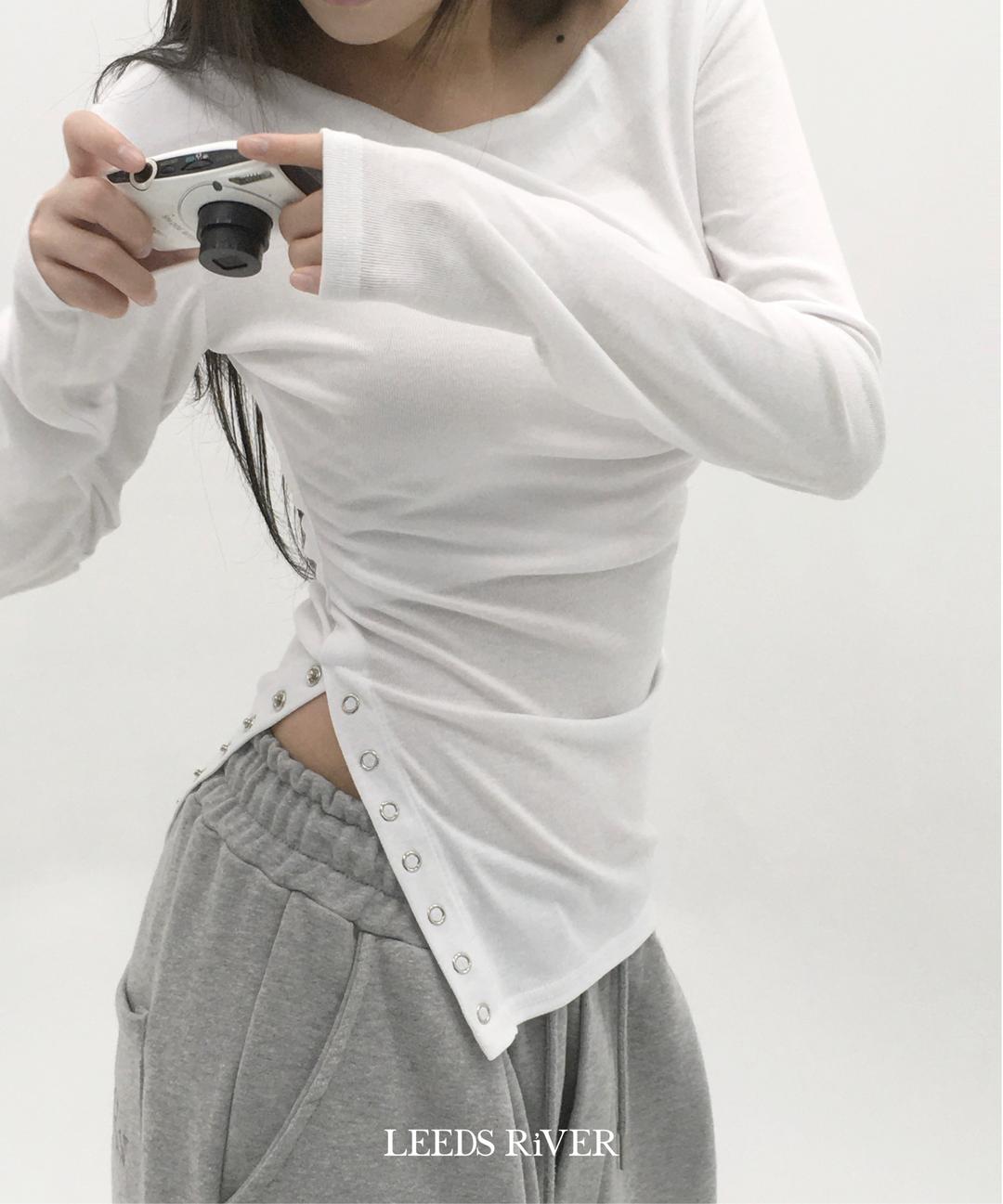 리즈리버 [MADE] 시그니처 오프 스냅 트임 자수 긴팔 티셔츠 t - 3color