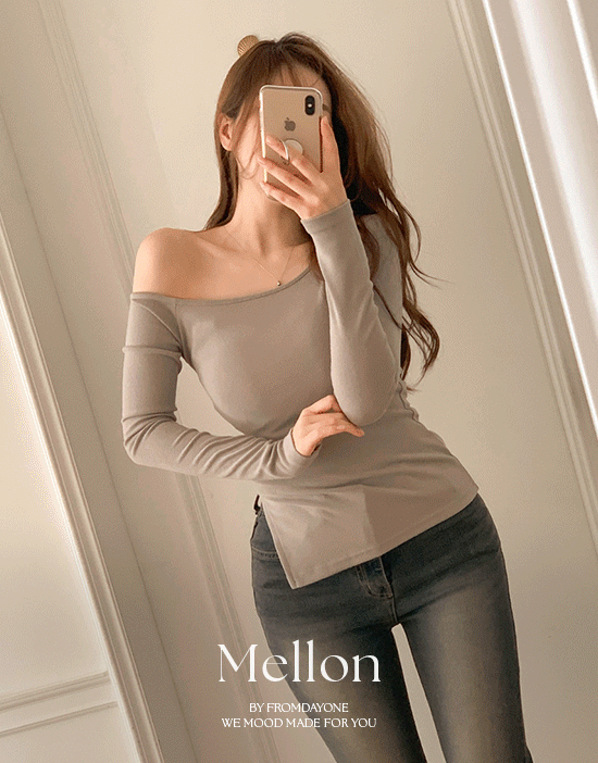 프롬데이원 멜런 원오프숄더 티(라운드넥/트임/언발/오프숄더/긴팔/데일리룩/데이트룩/여친룩)