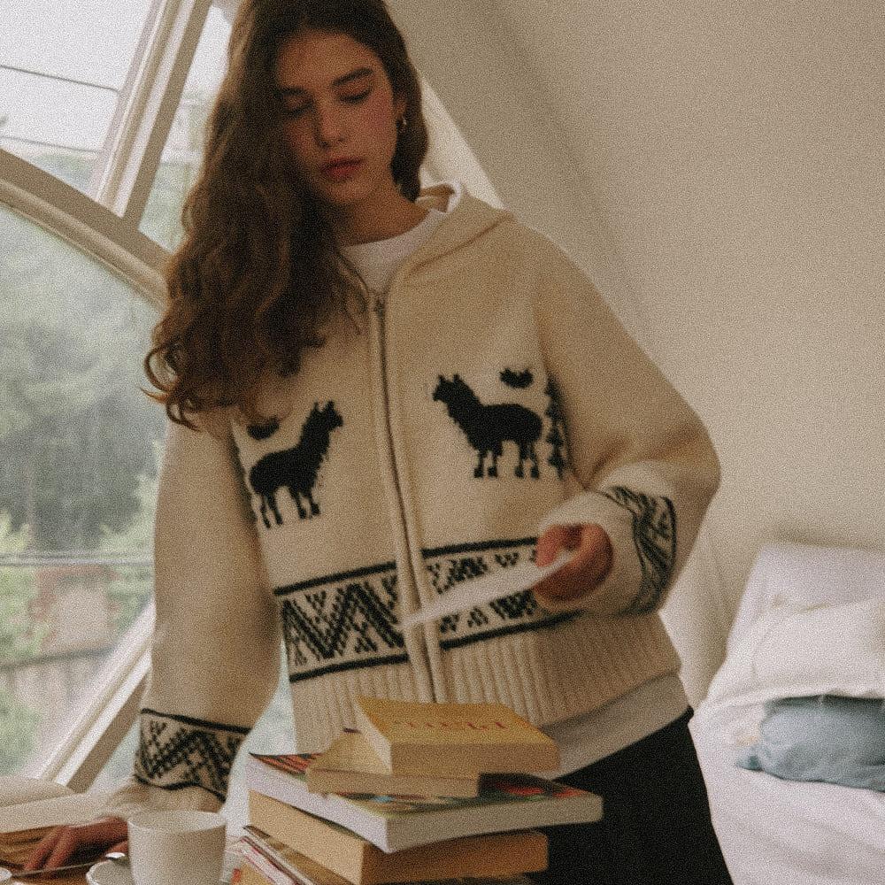 [RRxARTE] ALPACA JACQUARD HOOD ZIP-UP KNIT CREAM