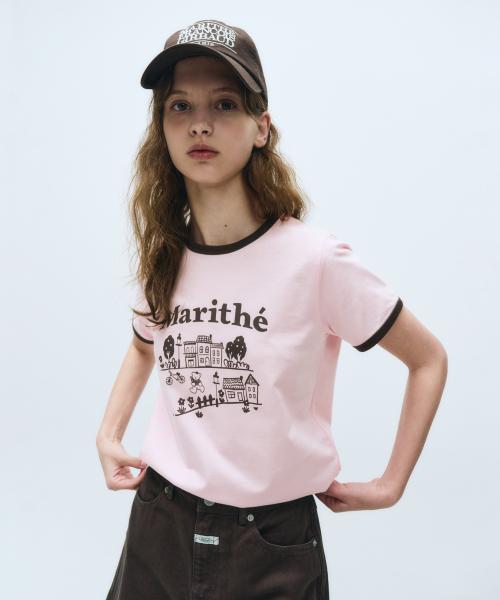 W DOODLE HOUSE GRAPHIC RINGER TEE pink