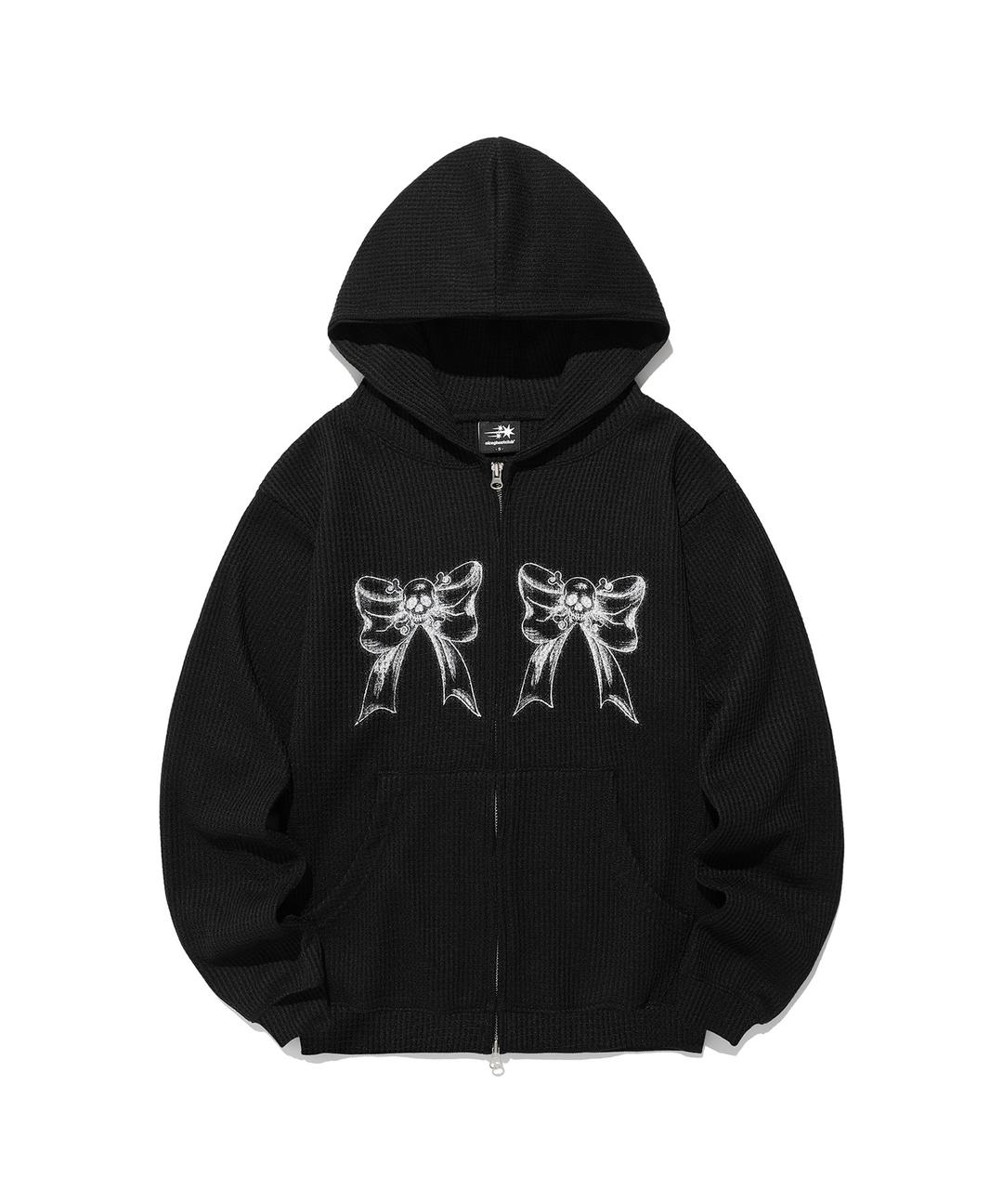 SKULL RIBBON WAFFLE HOODIE ZIP UP[BLACK]