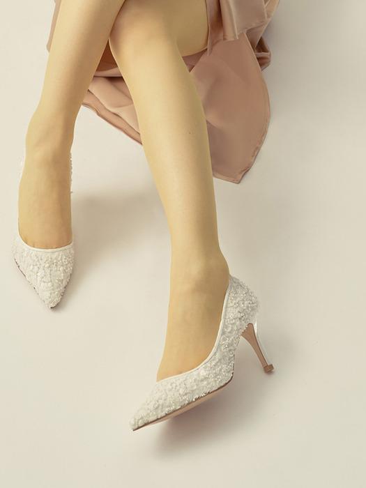 FLORA STILETTO PUMPS in PEARL WHITE MESH