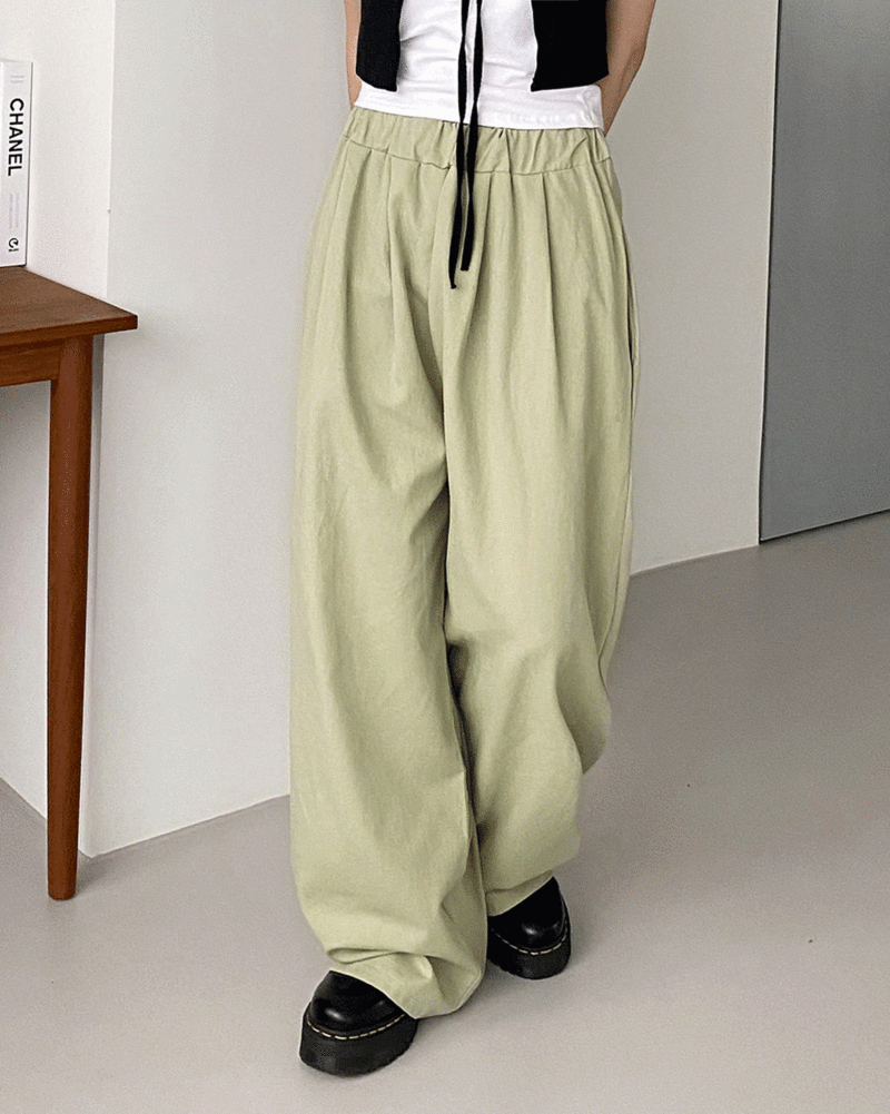 키나 밴딩 핀턱 롱 와이드 코튼 팬츠