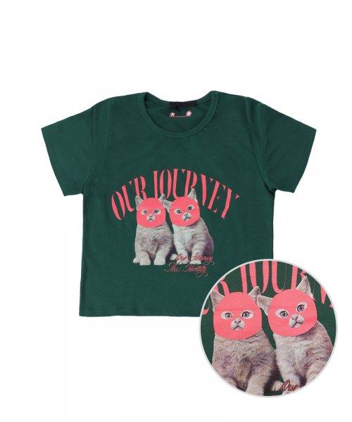 여성 배색 캣 크롭 티셔츠[그린]