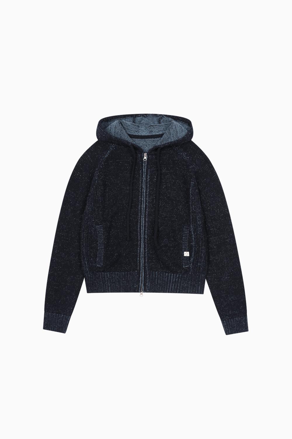 RIBBED KNIT HOODED ZIP-UP, NAVY