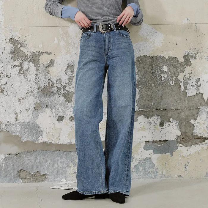 그린 와이드 스트레이트 데님팬츠 미드 블루