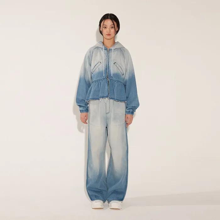 GRADATION DENIM FLARED HOOD ZIP UP [BLUE]