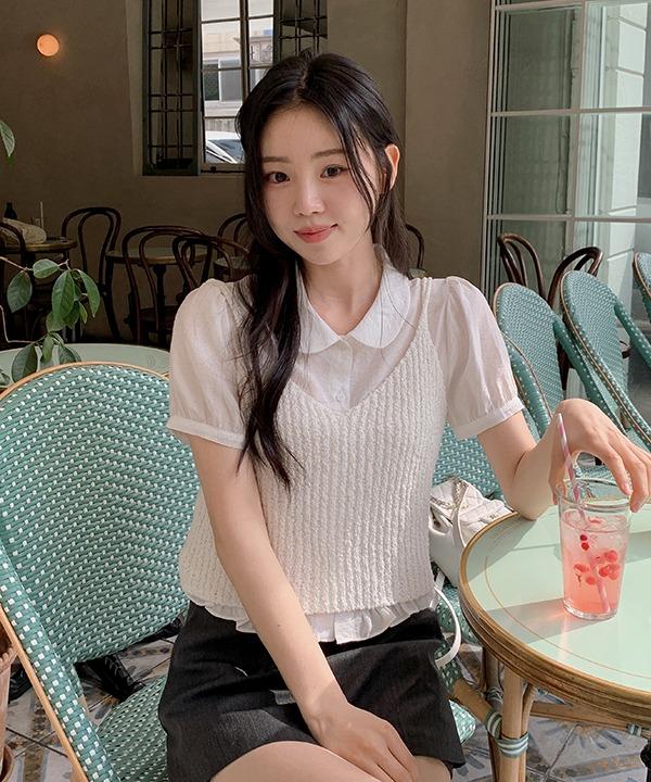 쇼퍼랜드 [MADE][자체제작][여름][레이어드][하객룩]클레버 라운드 카라 프릴 반팔 플라우스