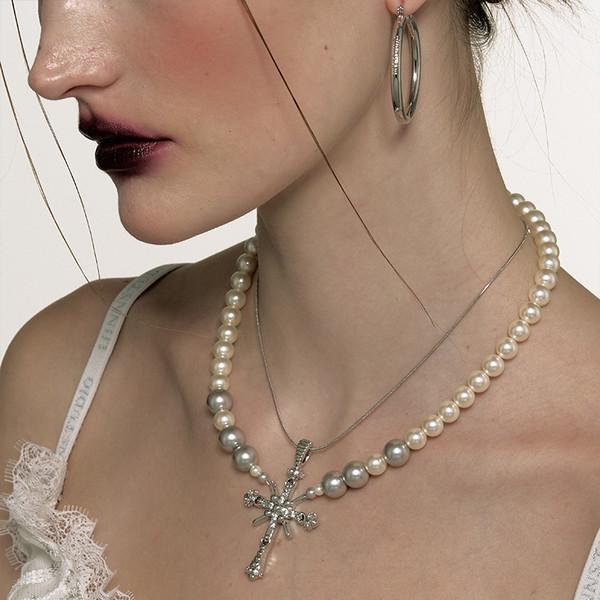 1JINNSTUDIO Double Chain Pearl Snake Bone Splice Cross Necklace