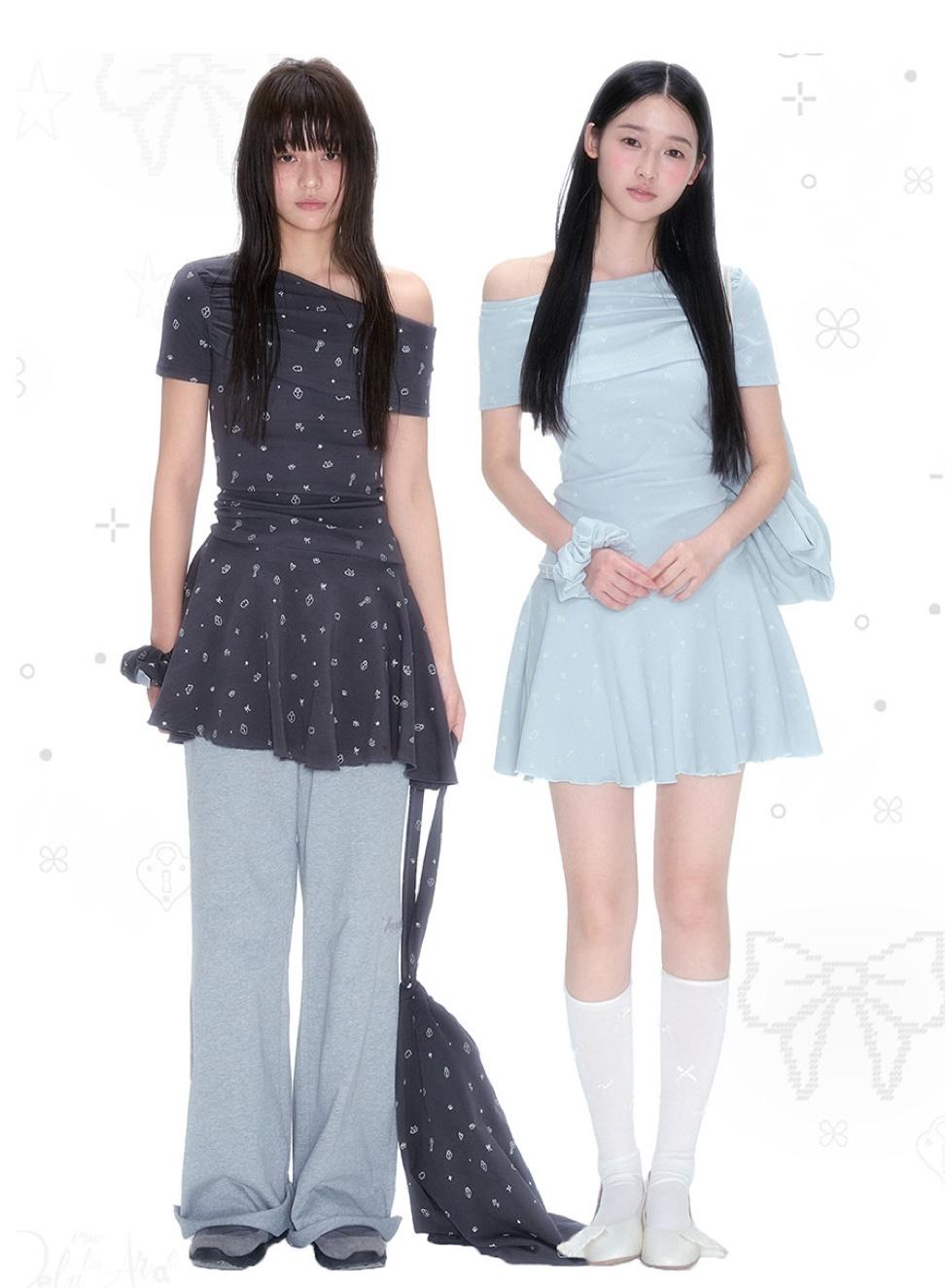 NECY STUDIO Full Print Off-shoulder Dress (2color)