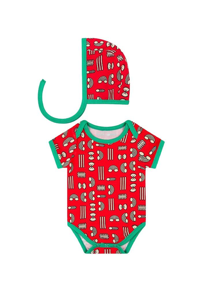 '스파게티\' (면 100%) 뉴본 신생아 반팔바디슈트&보넷