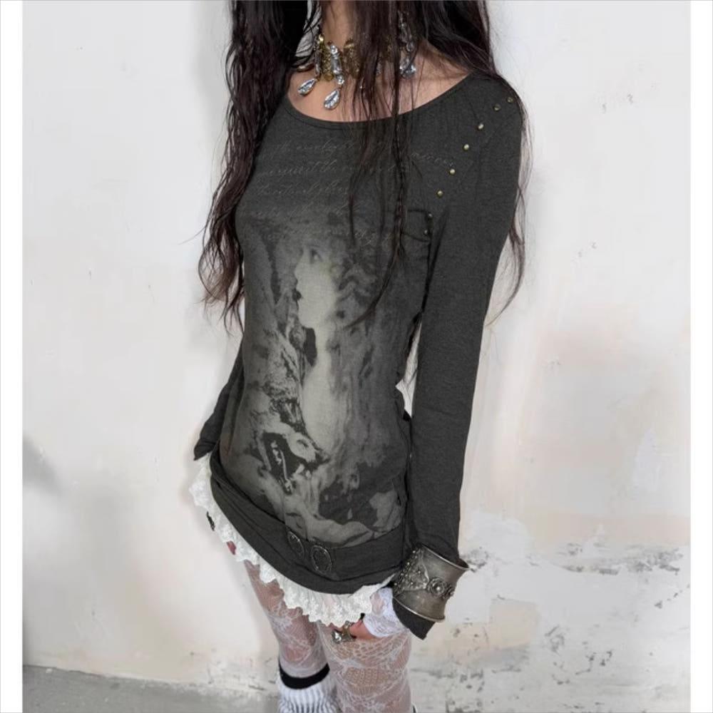 DoublePunch  fairy tale retro print splicing lace long-sleeved bottoming top