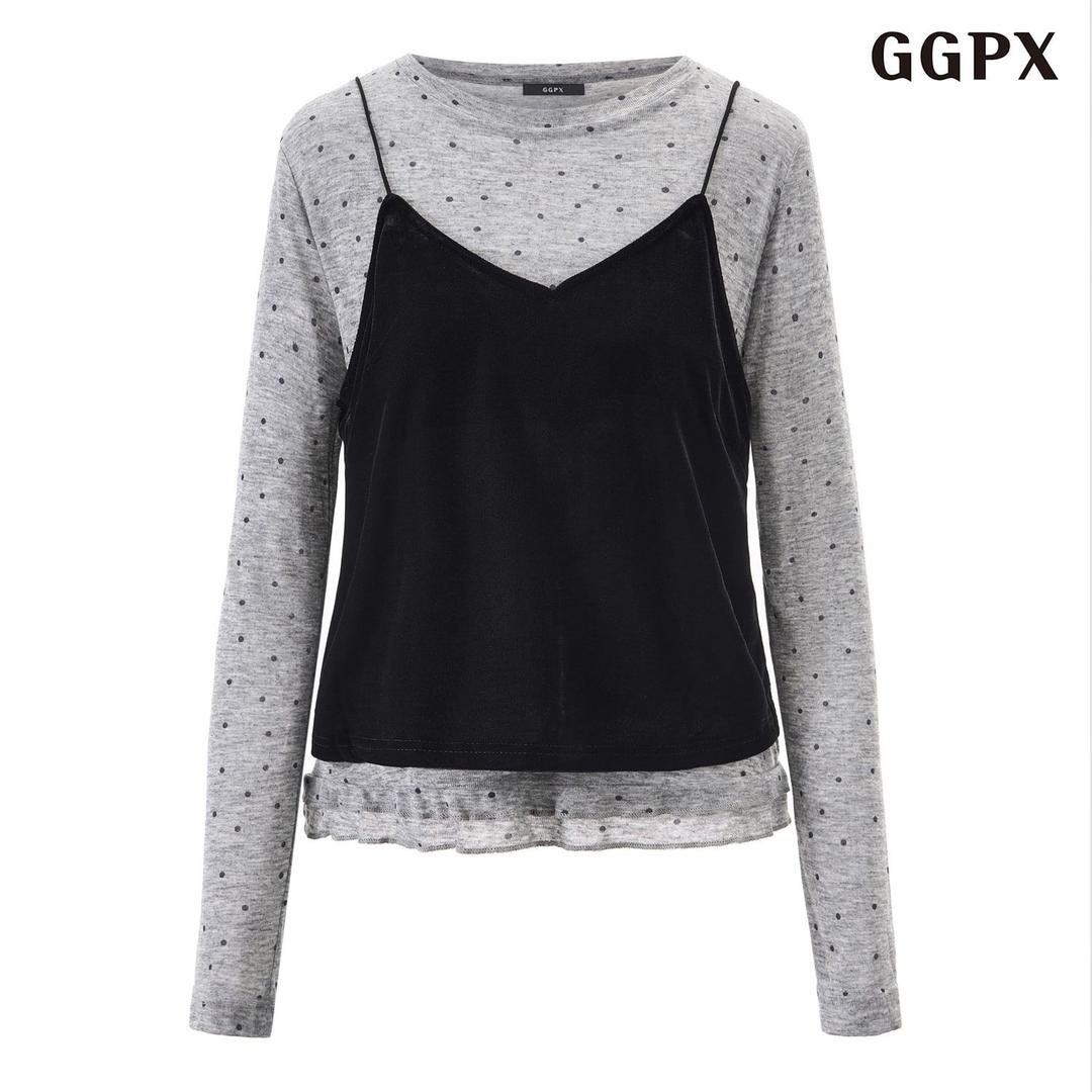 브이넥 뷔스티에 도트 긴팔 세트 티셔츠 (GQALW002D)