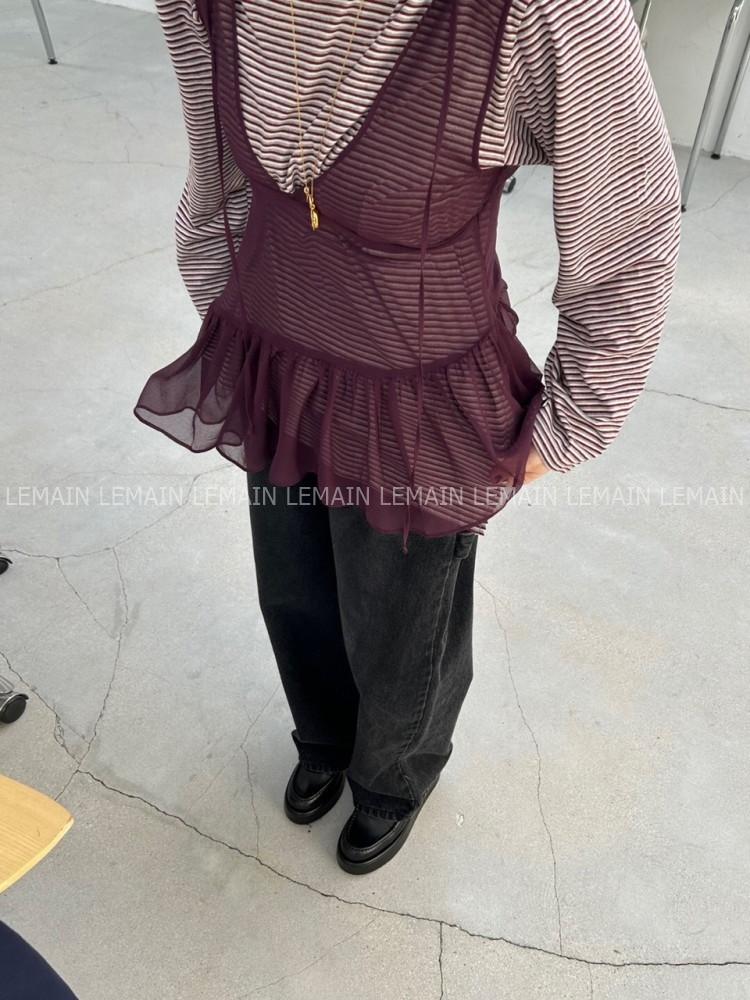 24FW 시스루 언발 브이넥 프릴 레이어드 나시 탑 블라우스