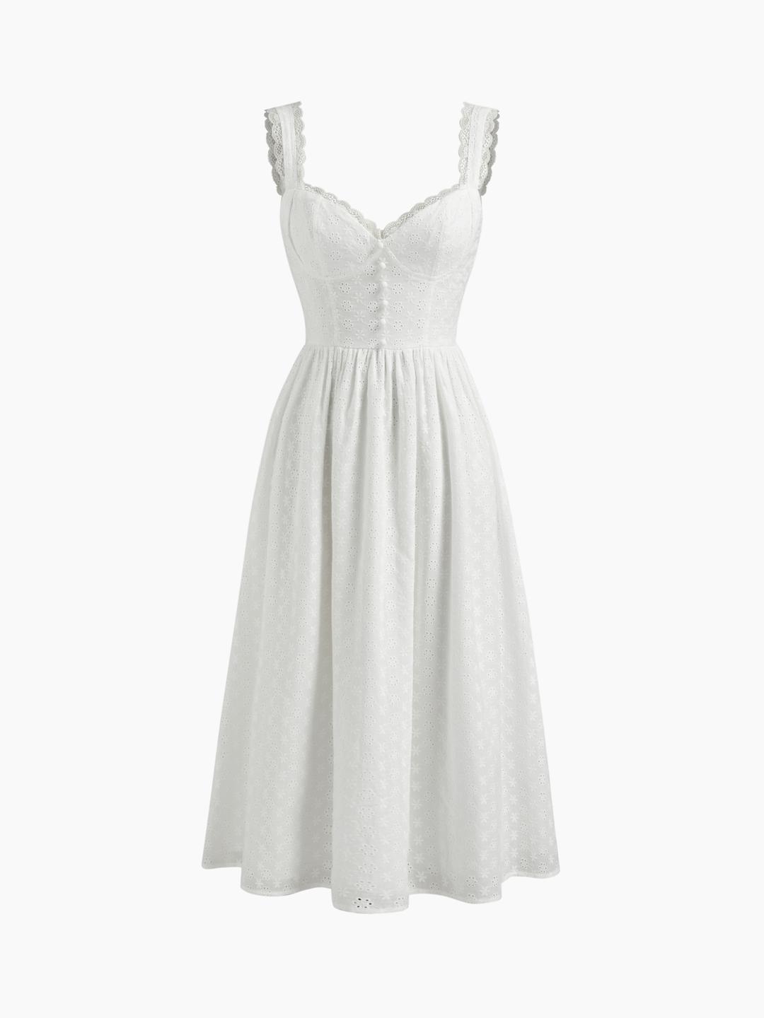 Cotton V-neck Broderie Anglaise Floral Button Midi Dress