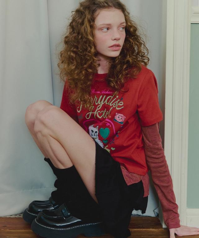 CRAYON FURRY CAT LAYERED LONG SLEEVE RED