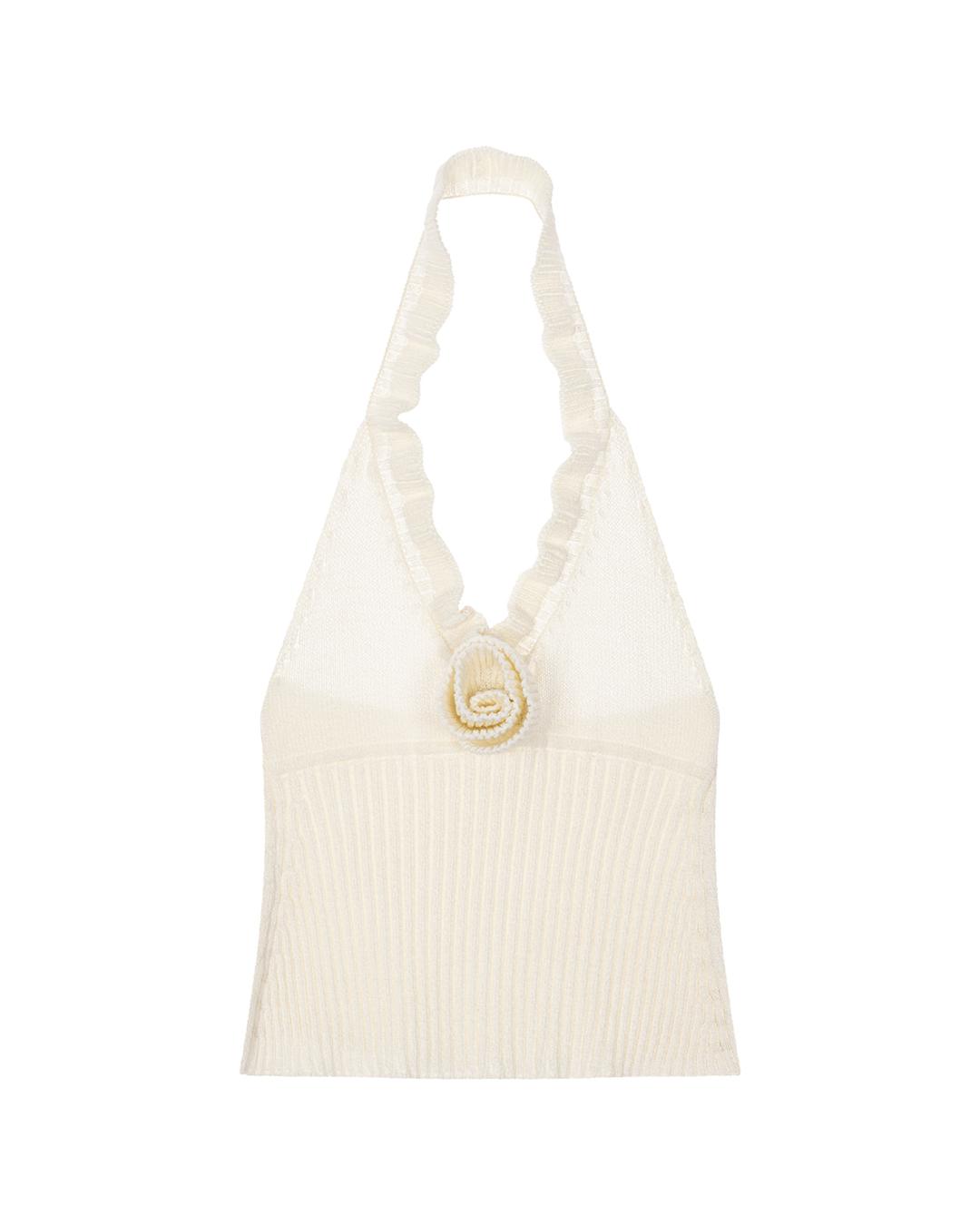 KNIT RUFFLE HALTER SLEEVELESS TOP, IVORY