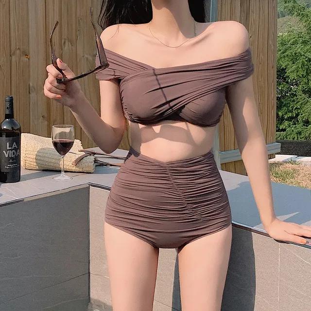 파베 셔링 오프숄더 크로스 하이웨스트 비키니 투피스 수영복