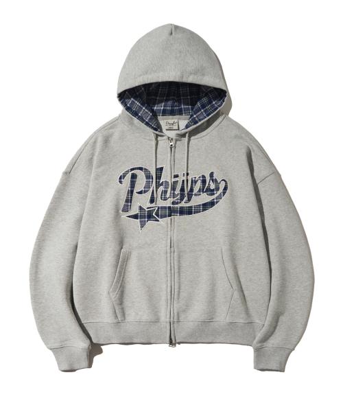 체크 스타테일 엘보우 패치 후드집업_그레이