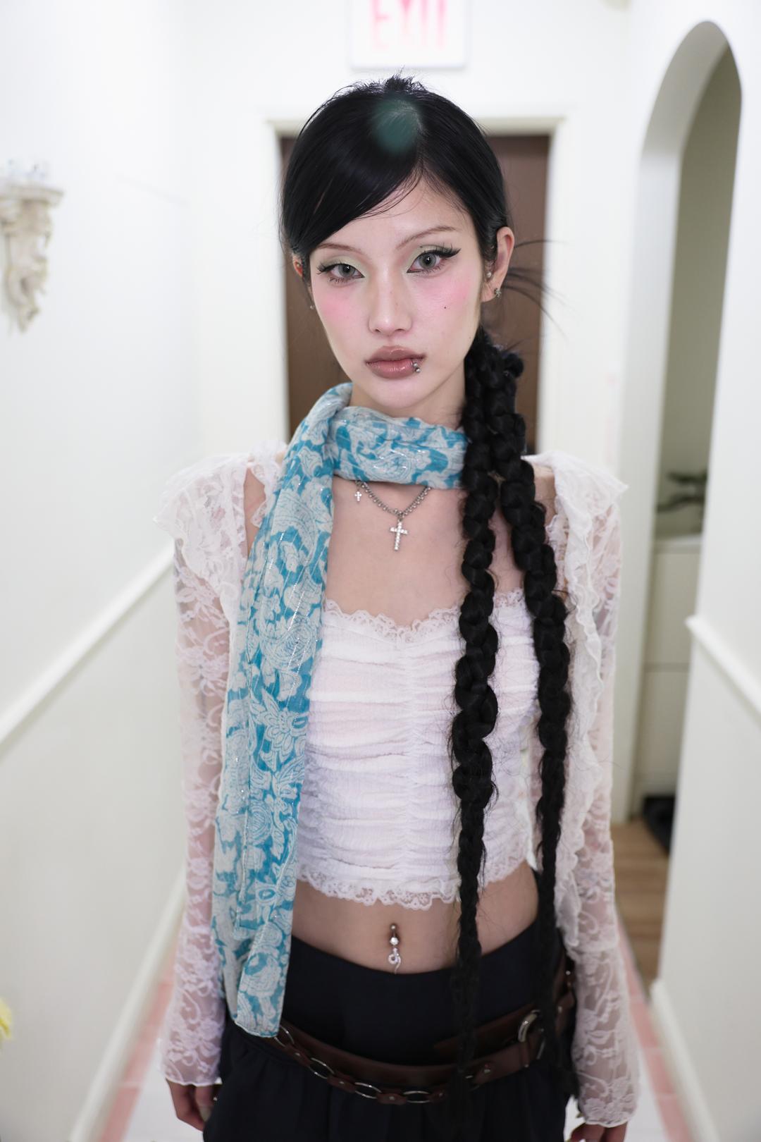 [Pink orchid house] Shirring lace frill top (3color) (White)