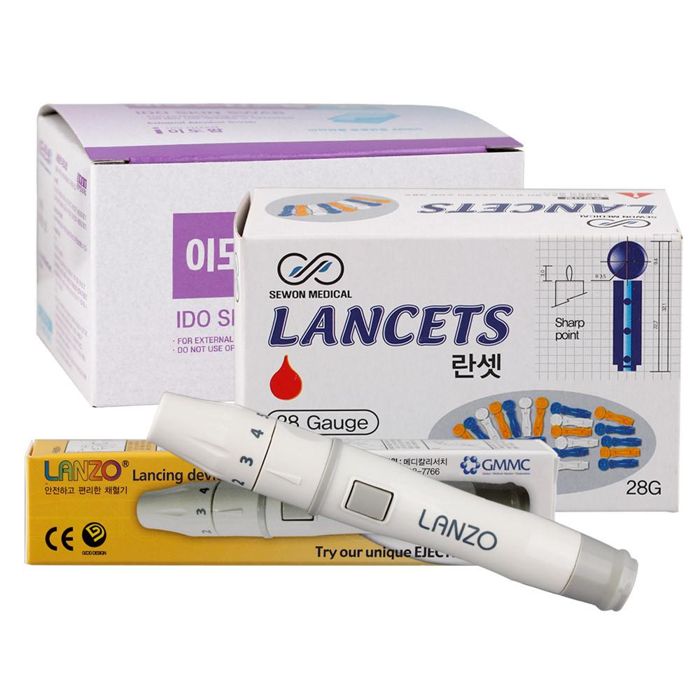 란조 장전식 채혈기+란셋 28G(200P)+알콜솜100매 무통 채혈침 여드름니들 사혈침