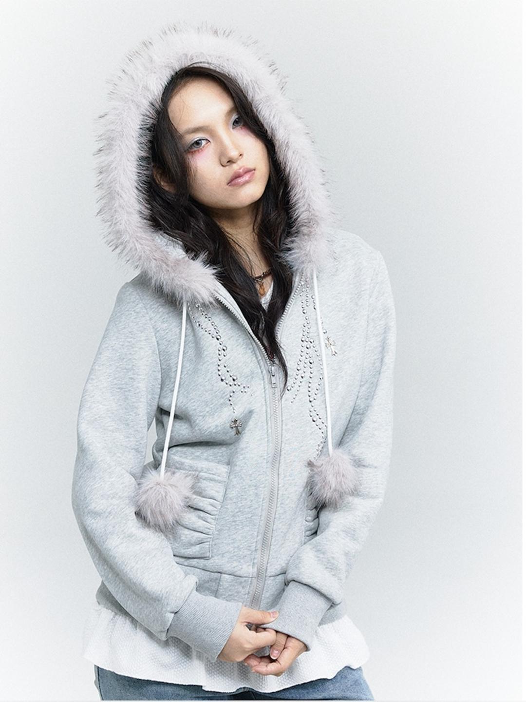 FOX LINE VELVET FUR LOOSE SWEATER Zip-up