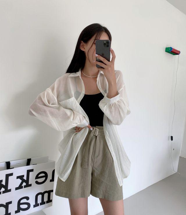 [핏보장♡!] 호블런 롱 오버사이즈 박시 루즈 세미 시스루 소매벌룬 찰랑핏 기본 셔츠(3color)_셀피