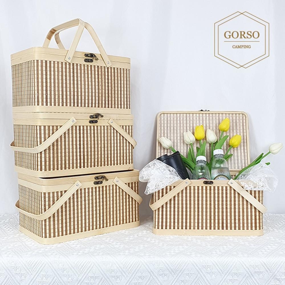 고르소 대나무 피크닉 바구니 캠핑 나들이 소품 멀티 수납함