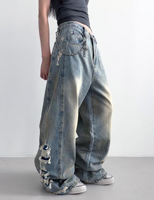 line damage wide denim pants