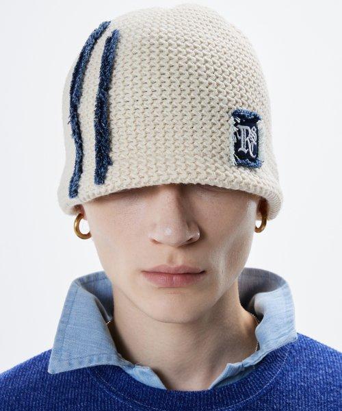 DENIM PATCHED KNIT BEANIE - IVORY