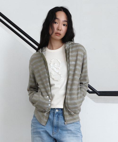 스트라이프 버튼 니트 후드 집업 (올리브)