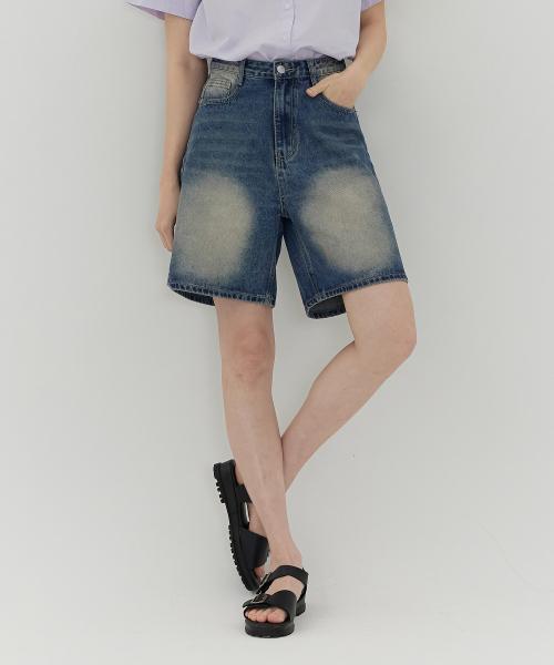 여성 빈티지 워싱 4.5부 와이드 버뮤다 데님 팬츠 (진청)