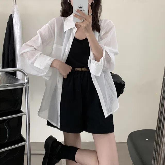 (당일출고/살안타템/햇빛차단/냉방병차단) 카라 박시핏 루즈핏 롱 시스루 썸머 여름 셔츠 남방 아우터 휴가룩 바캉스룩 휴양지룩 비치웨어 4color_2107