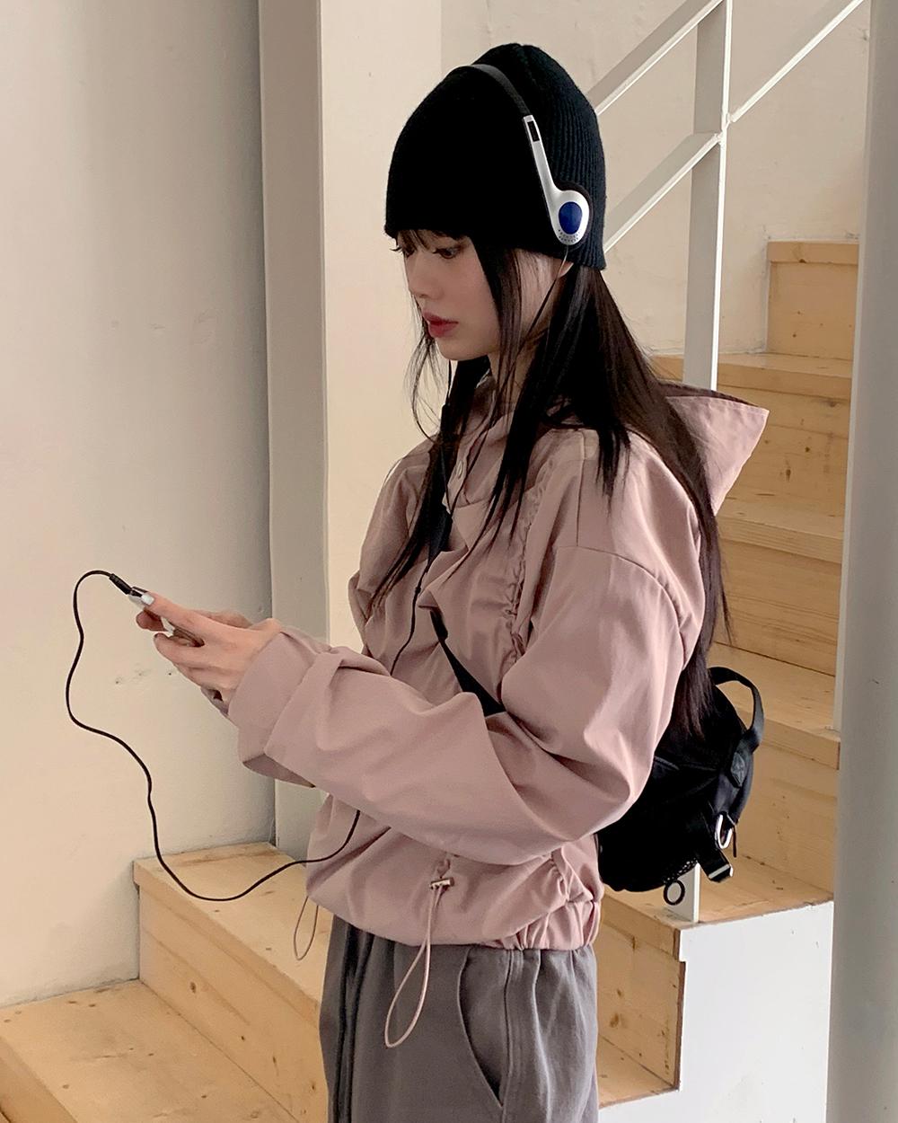 피블 셔링 스트링 바람막이 긴팔 후드 티셔츠