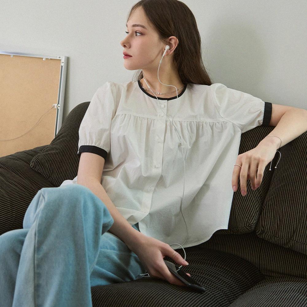 셔링 퍼프 반팔 블라우스 [WHITE]
