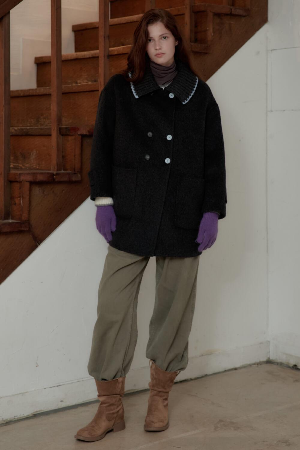 Collared Knit Wool Half Coat_Charcoal