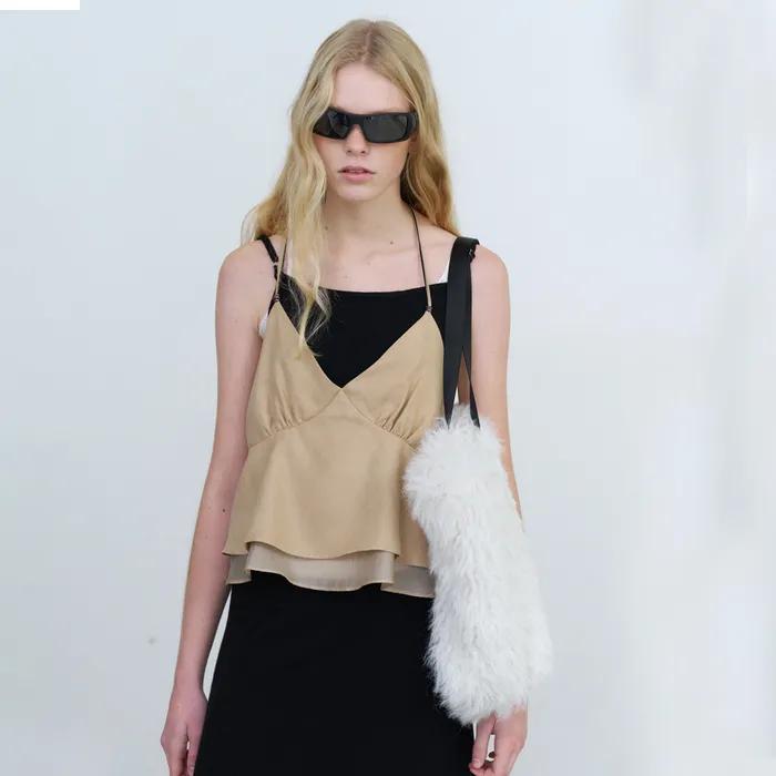 Tie suede cami blouse - beige
