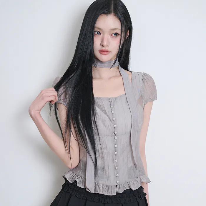 리본 타이 스퀘어넥 블라우스 그레이