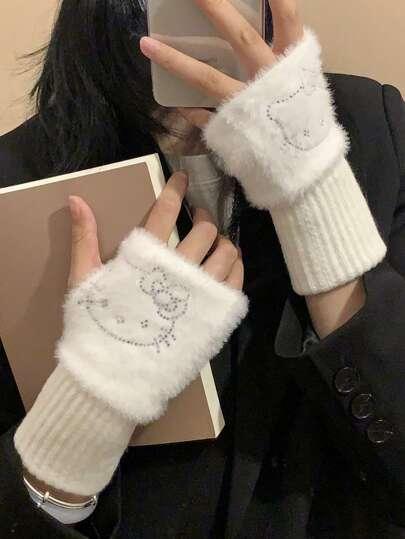 Sanrio 1켤레 헬로키티 유럽.미국풍 여학생 화이트 퍼 핫스탬핑 라인스톤 카툰 인조밍크 퍼 반장갑 리본 장식,보온과 귀여움,손가락 보온,따뜻함과 손가락 코트