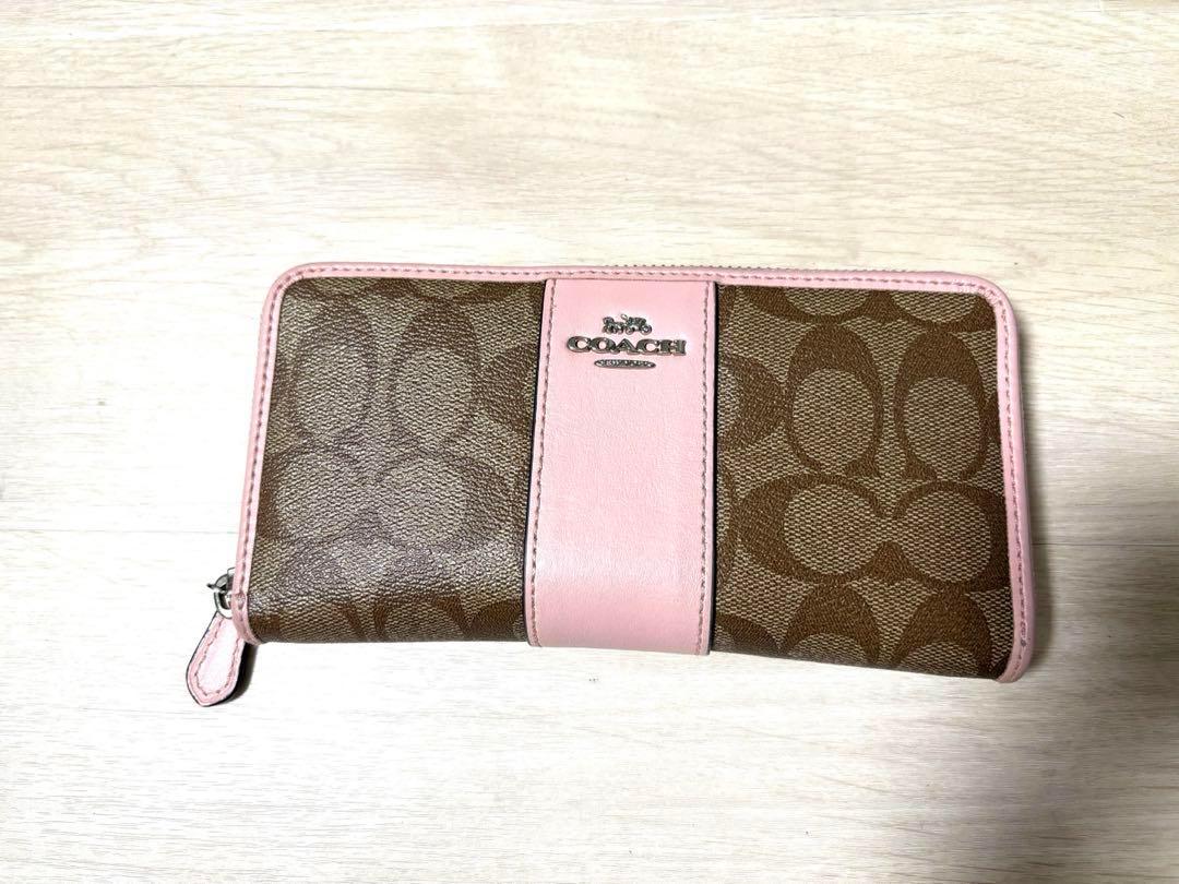 Coach ロゴ入り長財布 ブラウン/ベビーピンク