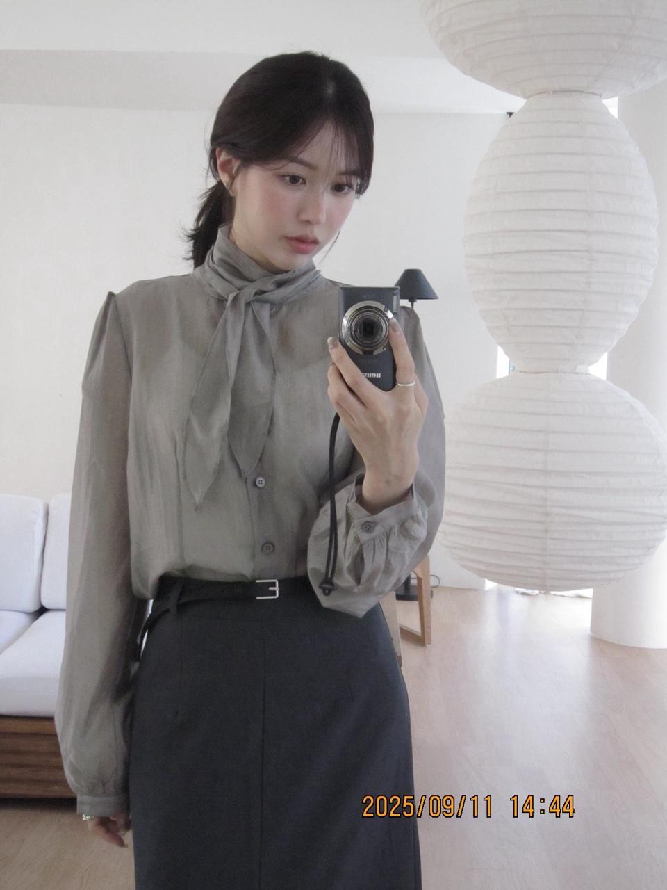 르아느 [하객룩🖤] 쉬브 시스루 블라우스 새틴 타이 셔츠