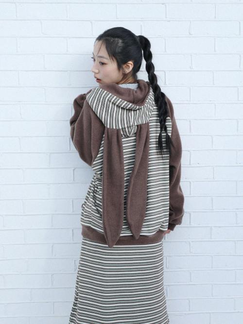 레빗 이어 후드 스트라이프 집업(브라운)