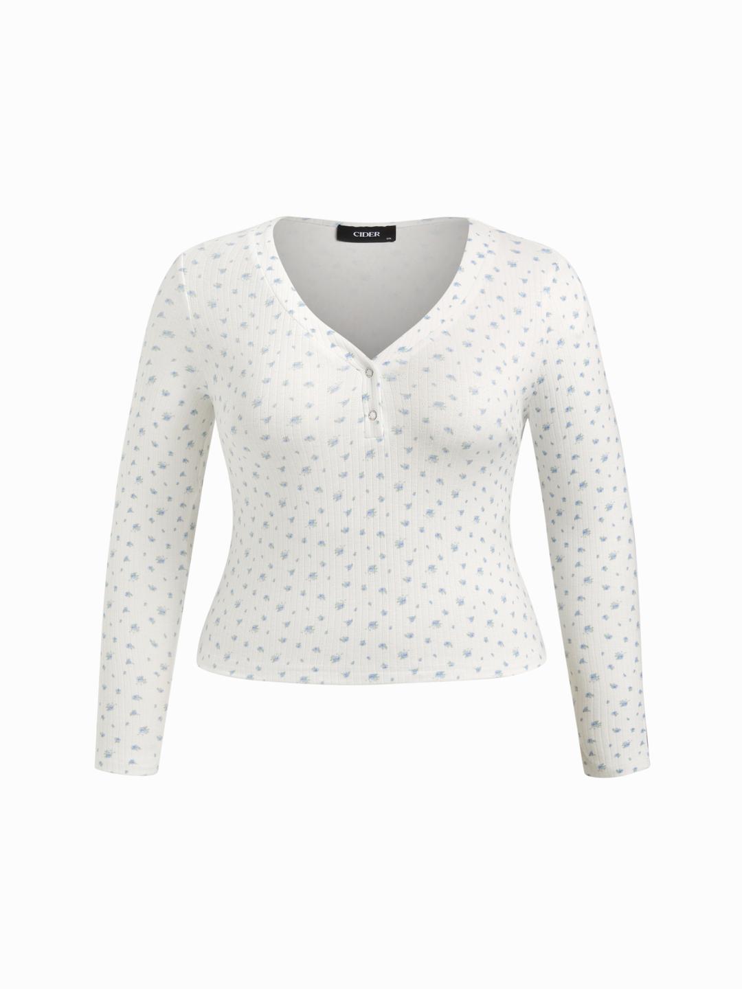 Pointelle Ditsy Floral V-Neck Ribbed Long Sleeve Top Curve & Plus
