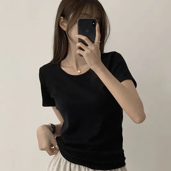 [2만장 돌파!/리뷰 굿🙊] 가장 베이직한 여름 반팔티, 슬라임 라운드 무지 세미 크롭 반팔 티셔츠 5color