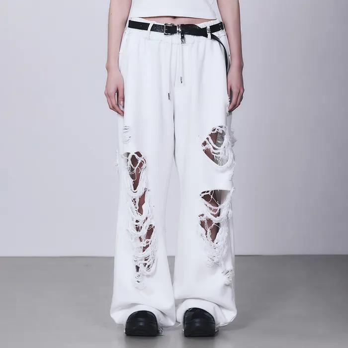 Scratch Damage Wide Sweat Pants [ White ]