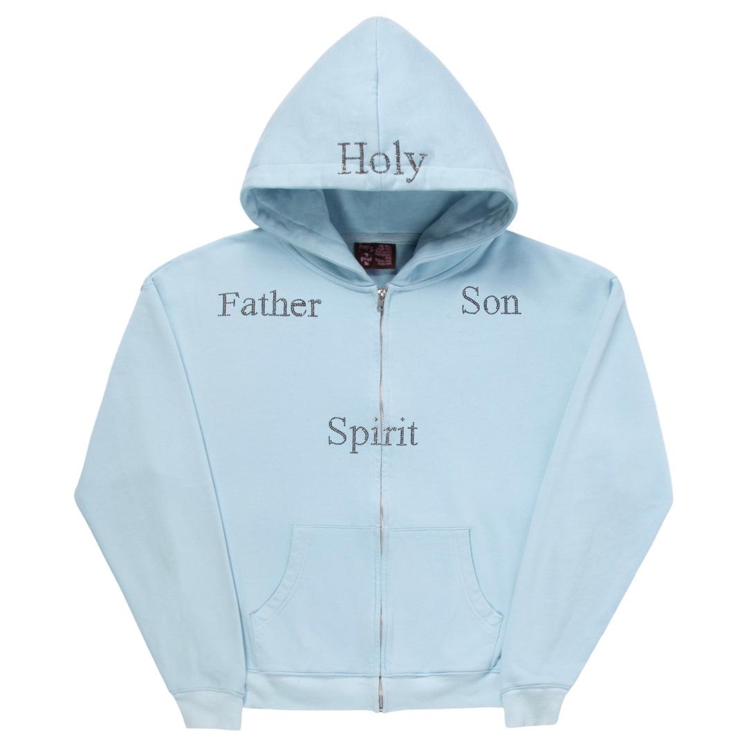 Rhinestone Holy Trinity Zip Hoodie Light Blue - XS