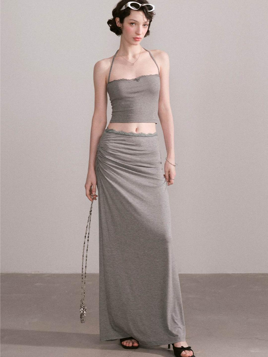 [MESS STUDIO] Lace Halter Neck Top & Skirt Set (Long / Short)